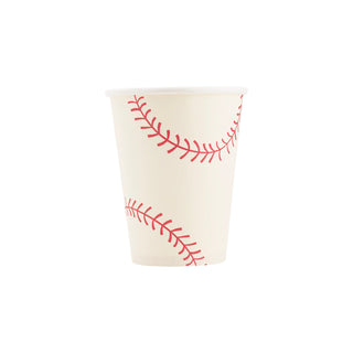 A disposable Baseball Paper Cup designed with a baseball theme, featuring red stitching patterns that mimic the look of a baseball, isolated on a white background by My Mind's Eye.