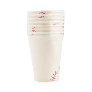A stack of disposable Baseball Cups from My Mind's Eye with red arrow and baseball design elements, isolated on a white background. Perfect for any baseball-themed event or party.