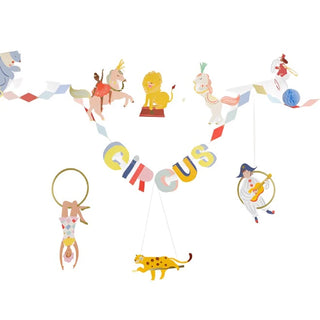 A whimsical Meri Meri Circus Garland decoration featuring illustrated animals and acrobats performing, with the word "circus" boldly displayed in the center.
