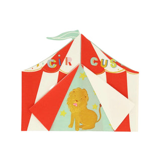 Circus Shaped Big Top NapkinsWhy have plain napkins, when you can have these where the tent doors open to reveal a magnificent lion? Such fun, and perfect for your circus party.

Shiny gold foilMeri Meri