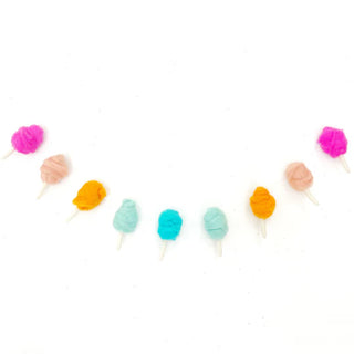 A Kailo Chic Cotton Candy Felt Garland with miniature decorations in pink, orange, blue, and peach colors hangs against a white background, perfect for adding a touch of summer decor.