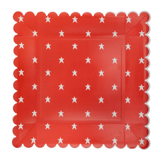 Red and Blue Star Paper Plate Set by My Mind's Eye, with scalloped edges and a pattern of small white stars, isolated on a white background.