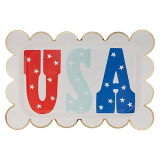 Decorative tray with scalloped edges featuring the letters "USA" in red, white, and blue, adorned with stars - My Mind's Eye USA Scallop Paper Plate.