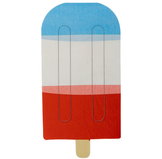 Illustration of a My Mind’s Eye Red White Blue Ice Pop Shaped Paper Guest Napkin embedded in an ice pop with blue, white, and red layers on a plain background.