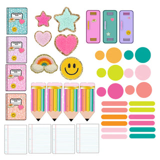 A collection of colorful school supplies including Kailo Chic Giant School Themed Confetti—perfect for school event decoration!