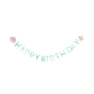 Hanging Mermaid Happy Birthday banner in turquoise and white, decorated with sea-themed illustrations such as shells and starfish, part of an under the sea banner set, isolated on a white background by My Mind's Eye.