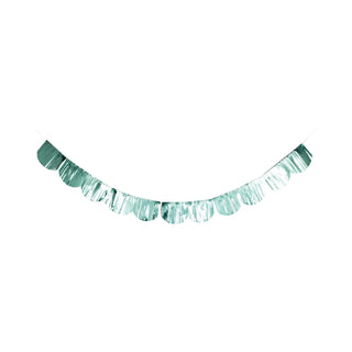 A Mermaid Happy Birthday Banner Set made of hanging teal mylar fringe strands isolated on a white background by My Mind's Eye.