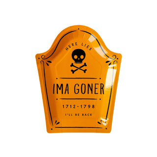Tombstone Shaped Paper Plate SetHalloween table decor doesn't need to be drab and gloomy, make it whimsical and bright with these shaped tombstone paper plates. Featuring punny epitaphs including: My Mind’s Eye