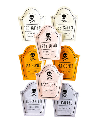 Tombstone Shaped Paper Plate SetHalloween table decor doesn't need to be drab and gloomy, make it whimsical and bright with these shaped tombstone paper plates. Featuring punny epitaphs including: My Mind’s Eye