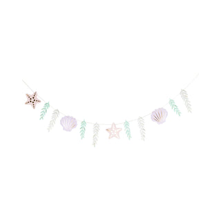 Illustration of a Mermaid Jumbo Banner with seashells, starfish, and leaves on a white background for an ocean-loving celebration by My Mind's Eye.