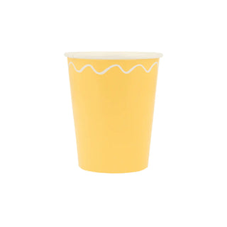 A yellow Meri Meri Mixed Wavy Line Cup on a white background perfect for a party table.