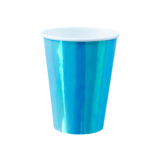 A shiny metallic blue Posh Bubble Mint cup from Jollity & Co is isolated on a white background, reflecting light with a sleek, vibrant finish.