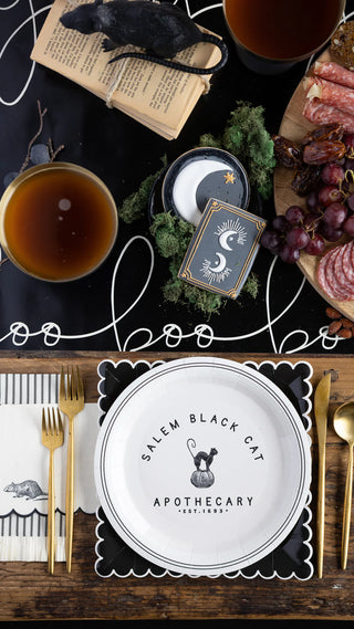 Salem Apothecary Cat PlateSet a spooky scene this Halloween with these Black Cat Apothecary party plates. These paper plates are dinner size plates, and feature a vintage apothecary inspired My Mind’s Eye