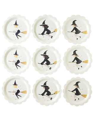 A collection of nine Witches Paper Plate Sets by My Mind's Eye, each adorned with an illustration of a witch riding a broomstick, set against a dotted backdrop, reflecting a whimsical Halloween theme.