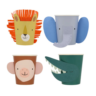 Colorful Animal Parade Character Cups featuring a lion, giraffe, zebra, and crocodile - perfect for young children's parties from Meri Meri!