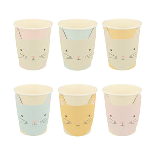 A collection of six Meri Meri Kitten Cups with cute kitten face designs, each featuring a different color and ear combination, made from sustainable FSC paper.