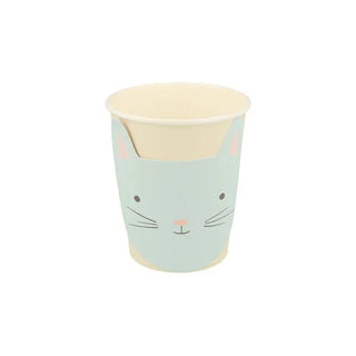 A cute pastel blue sustainable FSC Kitten Cup from Meri Meri with a cat face illustration, featuring a sealed lid, on a white background.