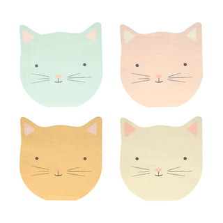 A collection of four stylized cat faces on Meri Meri Kitten Napkins for kids' birthday parties, featuring minimalist features in pastel shades of green, pink, orange, and yellow, arranged in.