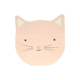 A simple illustration of a peach-colored cat face with subtle textures, designed for Meri Meri's Kitten Napkins, featuring pointy ears, small black whiskers, a tiny pink nose, and a calm.