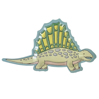 A Sophistiplate Dinosaur Salad Plate, featuring a cartoon-style illustration of a stegosaurus with a green body and lighter spots, complete with the distinctive upright bony plates along its spine, small head, and beaming smile.