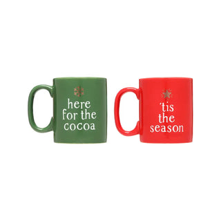Festive Holiday Mugs• Includes 2 Christmas themed mugs: 1 green mug with written words ‘here for the cocoa’ and a Christmas tree star on top and 1 red mug with written words ‘tis the sePearhead