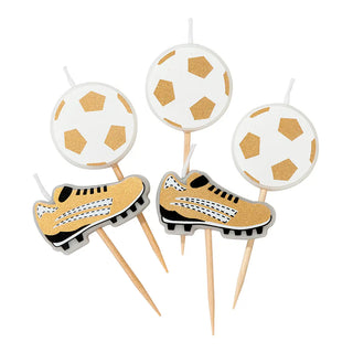 Party Champions Soccer Birthday CandlesThese shaped candles are perfect for a kids soccer birthday party or for post match celebration in the locker room! Use as cake decorations on a large birthday cake Talking Tables