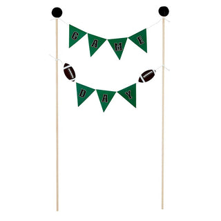 A festive Football Party in a Box - Tailgate banner with green pennants and football icons strung between two poles, celebrating sporting events or team spirit gatherings with Slant football party decorations.