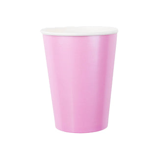 A pink disposable "Posh PinkAholic Cups" cup with a white lid isolated on a white background, suggesting a takeaway beverage container commonly used for hot drinks like coffee or tea.