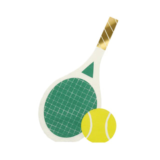 A Tennis Napkins and racket on a white background. Printed on sustainable FSC paper by Meri Meri.