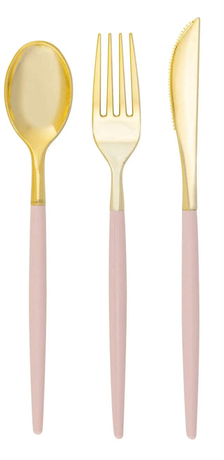 Blush Gold Plastic Cutlery Set
16 Forks | 8 Spoons | 8 Knives
32 Piece Set

Color: Blush • Gold
Pattern: Two Tone
Material: Premium Plastic 
Care and Maintenance Care: Hand Wash
• Not MicrowavablLuxe Party