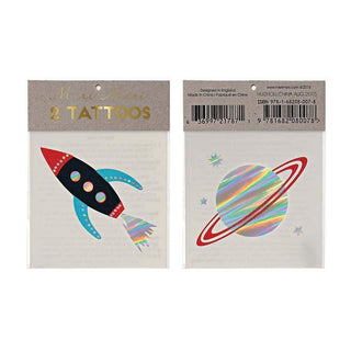 Space TattoosGear up for a mission to the moon with these delightful temporary tattoos. Featuring a spaceship control panel, robot, rocket, planets, and stars, embellished in shiMeri Meri