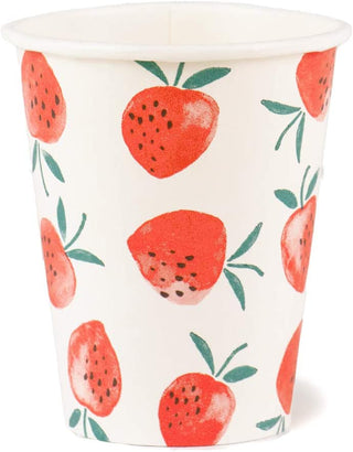A biodegradable Strawberry Fields Paper Party Cup featuring strawberries by Talking Tables.