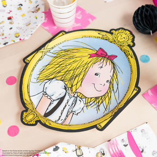 Illustrated paper plate featuring a blonde girl with a pink bow in her hair, surrounded by party supplies on a wooden table.