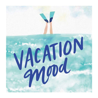 Illustration of legs with flippers sticking out of water, surrounded by the text "Vacation Mood.