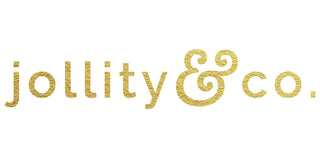 Golden textured logo reading "jollity&co." with curly ampersand, in elegant lowercase script on a white background.