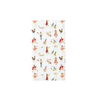 A 12 Days of Christmas Paper Dinner Napkin by My Mind’s Eye, featuring an array of colorful and whimsical prints of birds, fruits, and people in different poses and actions on a white background—perfect for adding a touch of charm to your holiday parties.