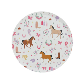 The Pony Tales Small Plates from Daydream Society feature a round design adorned with horse and western-themed illustrations, including horses, boots, ribbons, horseshoes, flowers, and various icons on a white background. As part of the Pony Tales Collection, these plates are ideal for adding flair to any cowgirl party.