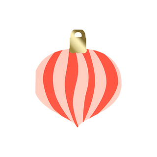 A flat illustration of a red and pink striped Christmas ornament with a shiny gold foil cap at the top, as featured on the Meri Meri Striped Ornament Napkins.