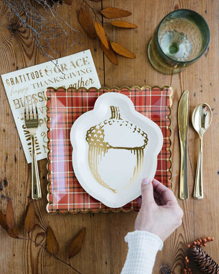 ACORN SHAPED PAPER PLATELooking for an elegant tablescape and a salad plate that won't turn into a stack of dishes at the end of the night? This gold-foiled plate needs to be at your dinnerMy Mind’s Eye