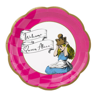 A pink and gold round placard from the Alice in Wonderland Bright Scalloped Paper Plates collection by Talking Tables features an illustration of a girl in a crown from "Alice in Wonderland" and the text "Welcome Queen Alice" on a banner.