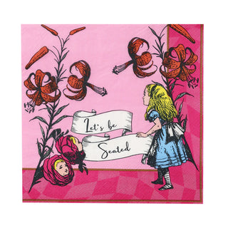 Illustration of a girl in a blue dress gazing at a banner reading "Let's be Seated", surrounded by large flowers on a pink background, capturing the charm of an enchanting tea party from the Talking Tables Alice in Wonderland Pink Paper Napkins collection.