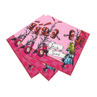 Three Talking Tables Alice in Wonderland Pink Paper Napkins feature illustrations of Alice with flowers and the text "Let's be Seated," perfect for a whimsical tea party.