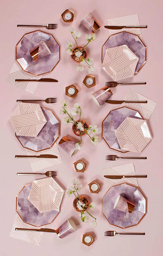Amethyst - Pale Pink Striped Cocktail Paper NapkinsElegant pale pink cocktail napkins inset with elegant gold stripes add a dash of style to your tabletop, dessert station, or bar cart.

Colors: pale pink, rose gold Harlow & Grey