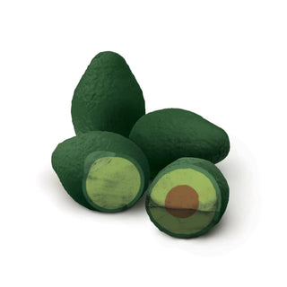 Three whole avocados and two halves are arranged on a white background, resembling the smooth, colorful layers of Fred and Friends' Avocado Erasers.