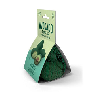 A packaged set of avocado-shaped mini erasers from Fred and Friends, displayed in a green net with a cardboard tag labeled "Avocado Erasers." The vibrant layers make each eraser as colorful as it is useful.