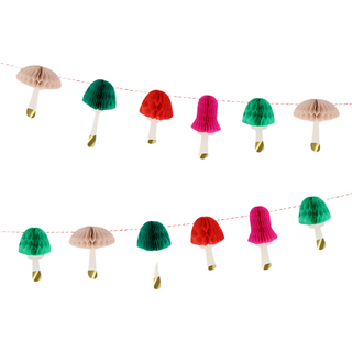 Two rows of Honeycomb Mushrooms Mini Garland by Meri Meri, featuring colorful mushroom-shaped paper decorations with shiny gold bases, are hanging on a red-and-white string against a plain white background, creating a festive garland perfect for Christmas decoration.