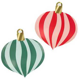 Two balloon-like striped ornaments, one in green and white and the other in red and white, each featuring gold foil details at the top, shimmer against a white background. These decorations from Meri Meri's Striped Ornament Plates perfectly capture the spirit of a Christmas party table centerpiece or festive paper plates.