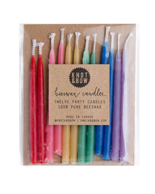 Beeswax Party CandlesThese unique 3-inch birthday candles are hand-dipped for Knot &amp; Bow in Canada. They have a light natural beeswax scent and a 10-15 minute burn time, perfect to uKnot & Bow