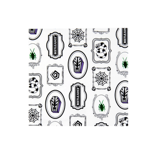 A patterned image featuring framed artworks, including text "BEETLEJUICE," spiders, webs, snakes, and other abstract designs on a white background—perfect for Beetlejuice X Bonjour Fête Large Napkins or other themed party supplies from Bonjour Fête.