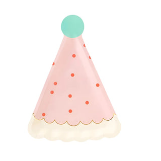 Image of the Pink Birthday Hat Shaped Plate by My Mind’s Eye with a pink base, red polka dots, a teal pom-pom on top, a scalloped cream-colored edge, and festive gold foil accents.